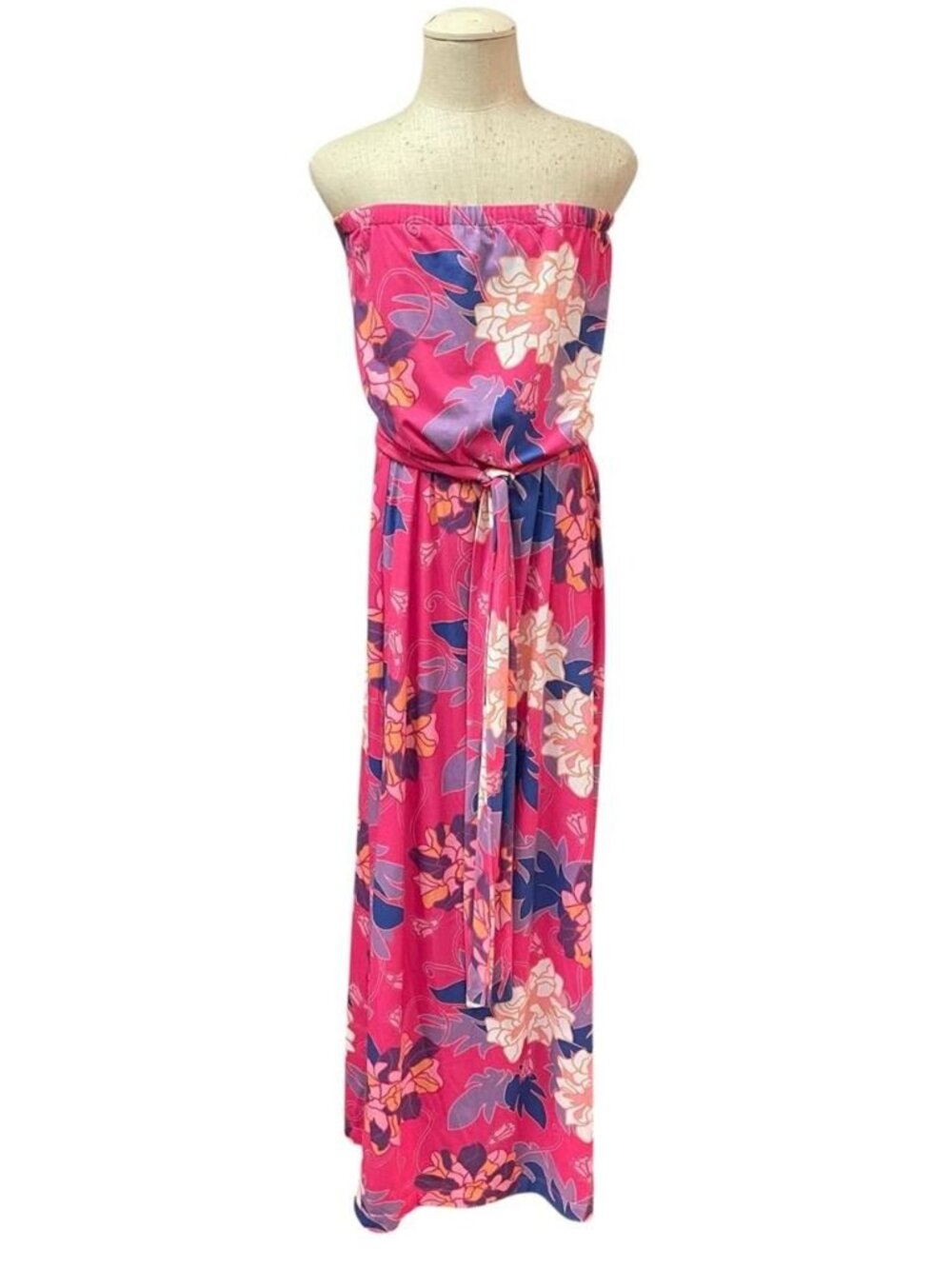 Rulon Reed Floral Strapless Maxi Dress Hawaiian Travel Resortwear Tropical